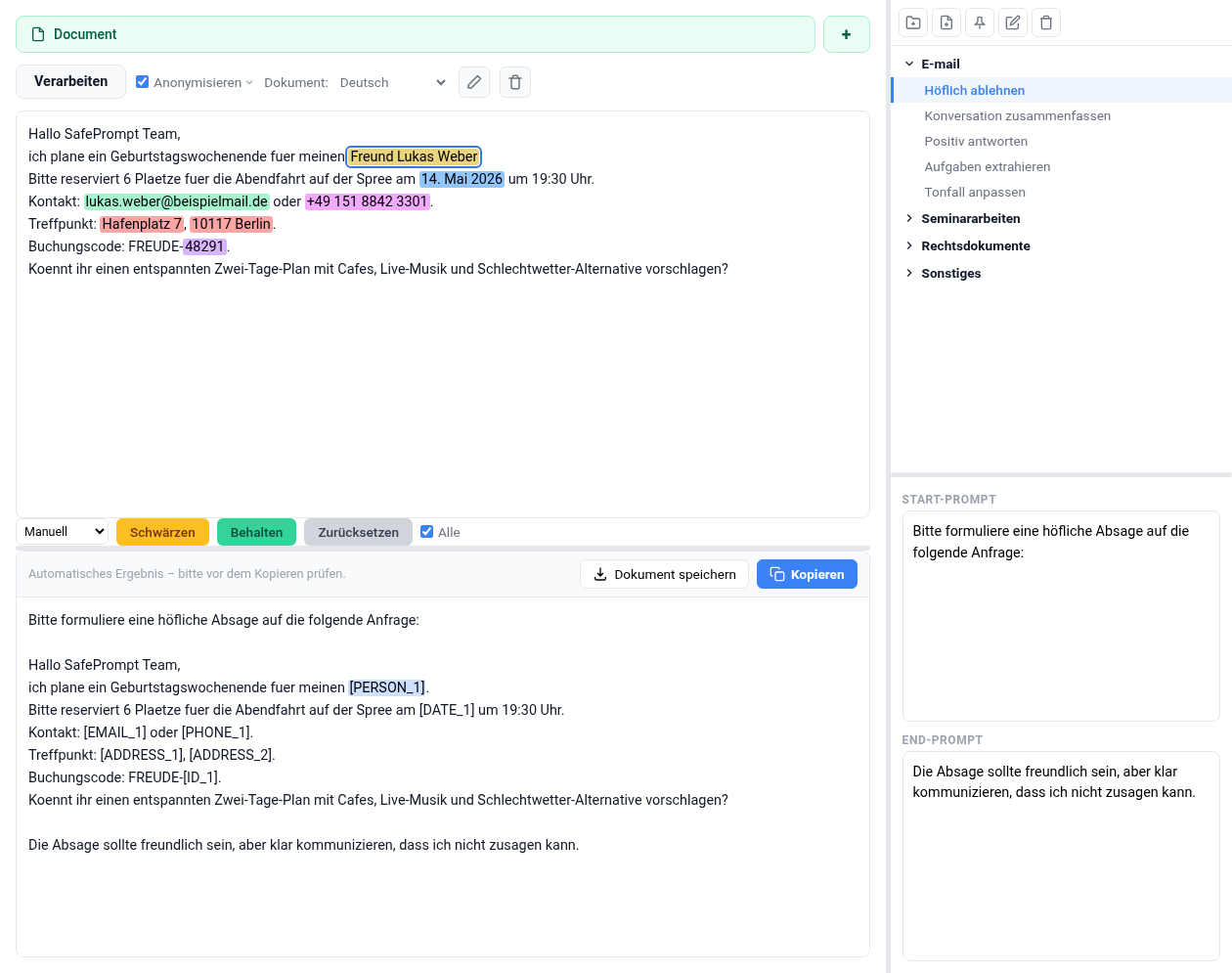 Screenshot der SafePrompt Web Oberfläche