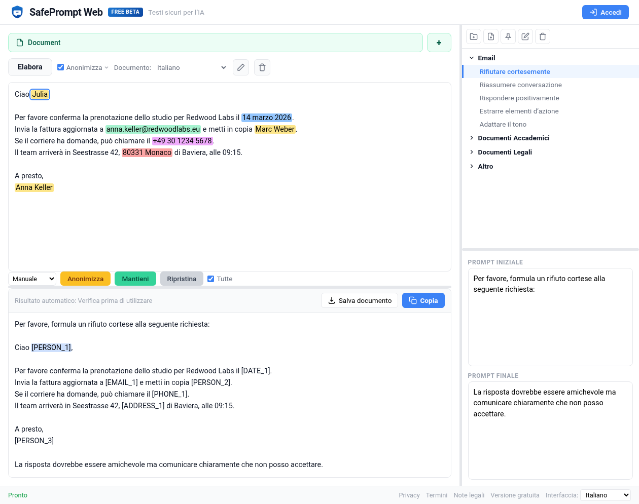Schermata di SafePrompt Web