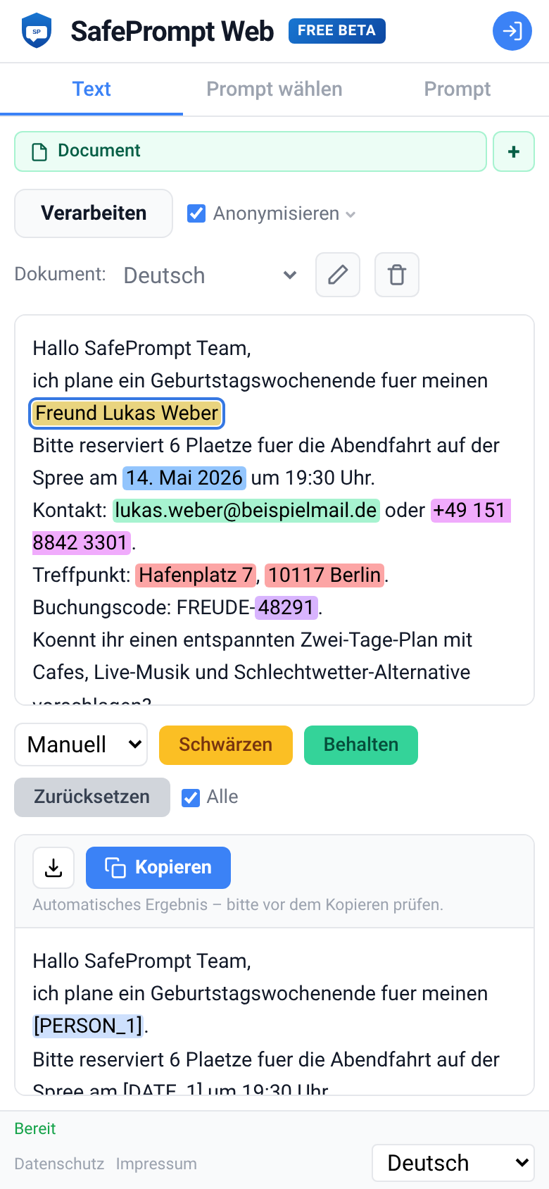 Screenshot der SafePrompt Web Oberfläche