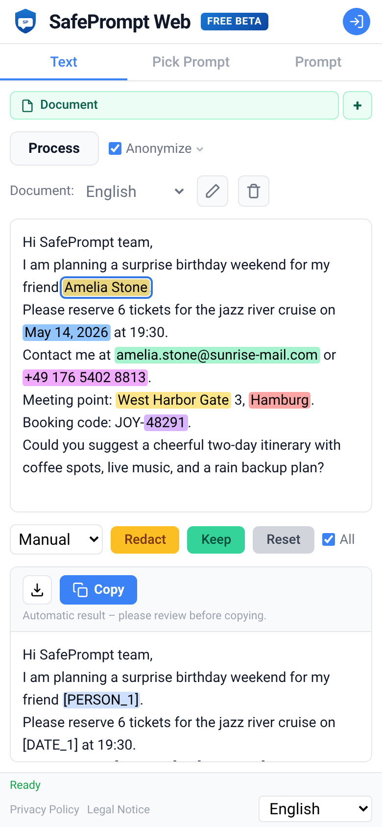 SafePrompt Web interface screenshot