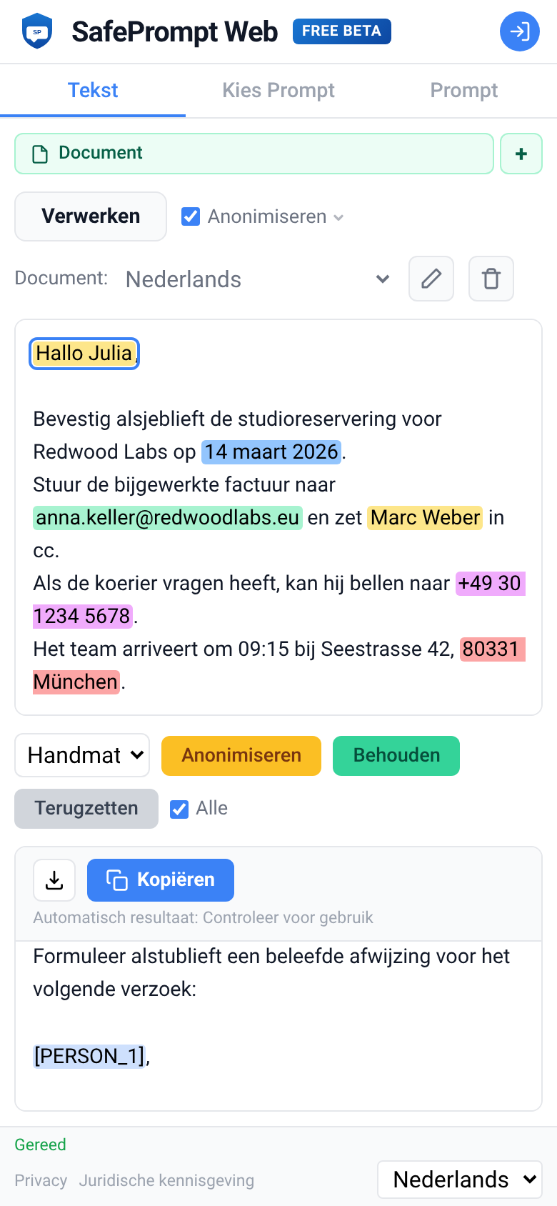 Screenshot van SafePrompt Web