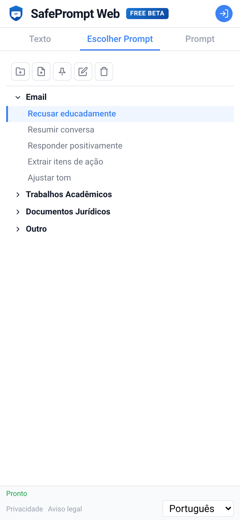 Captura de tela do SafePrompt Web