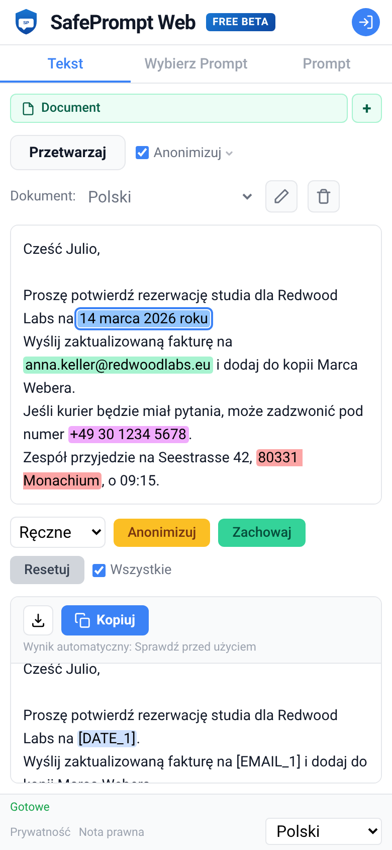 Zrzut ekranu SafePrompt Web