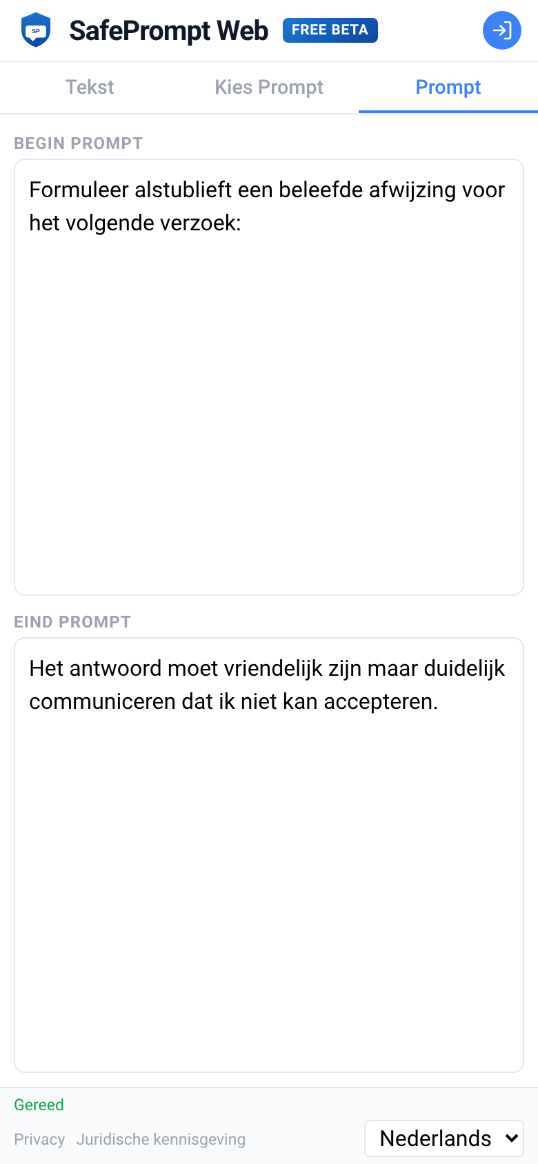Screenshot van SafePrompt Web