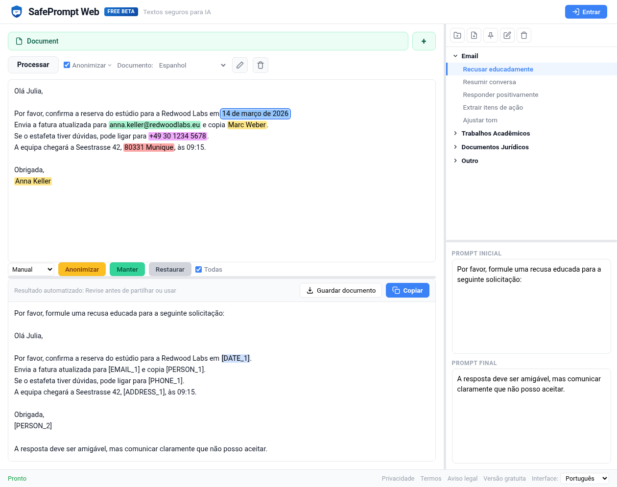 Captura de tela do SafePrompt Web