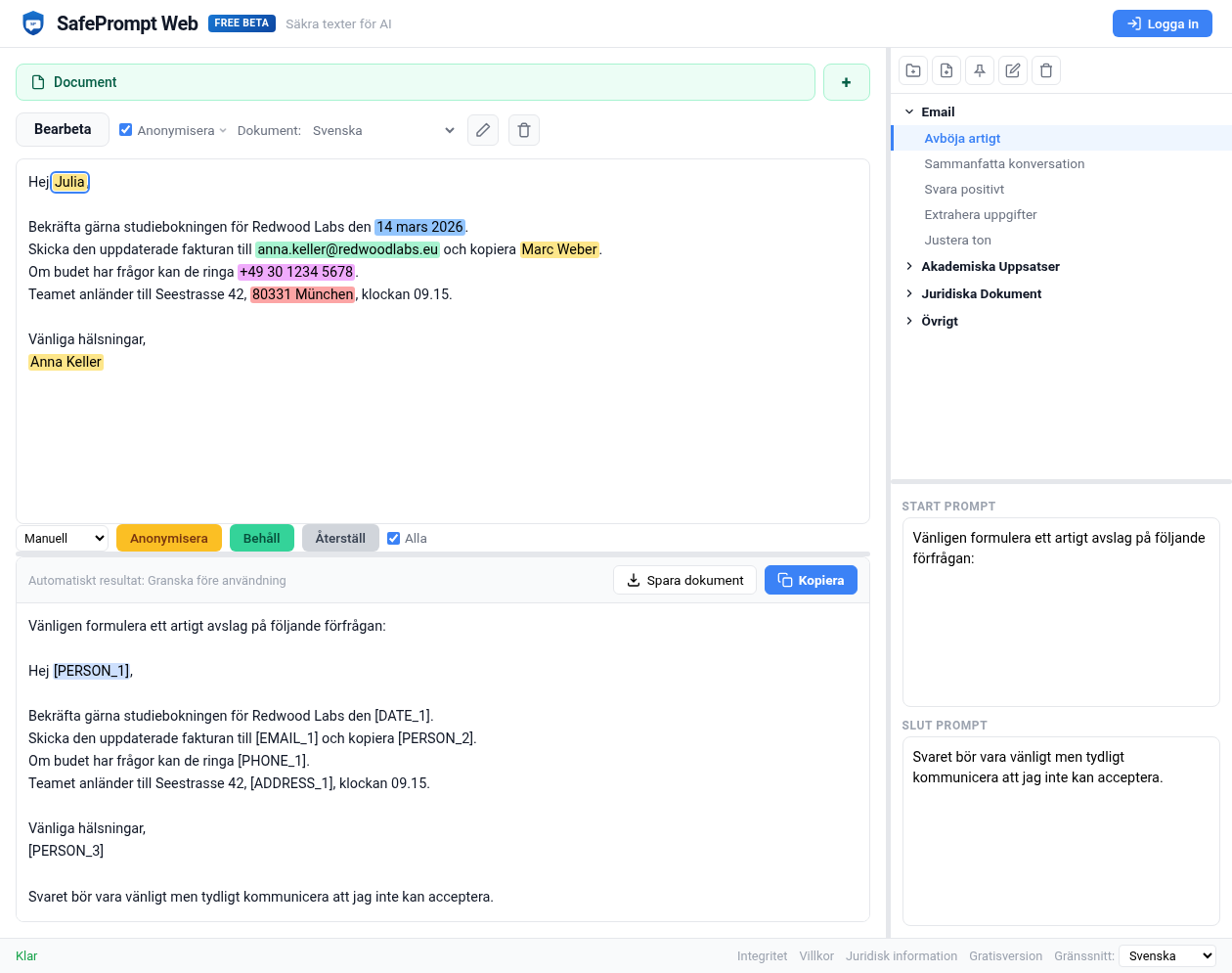 Skärmbild av SafePrompt Web
