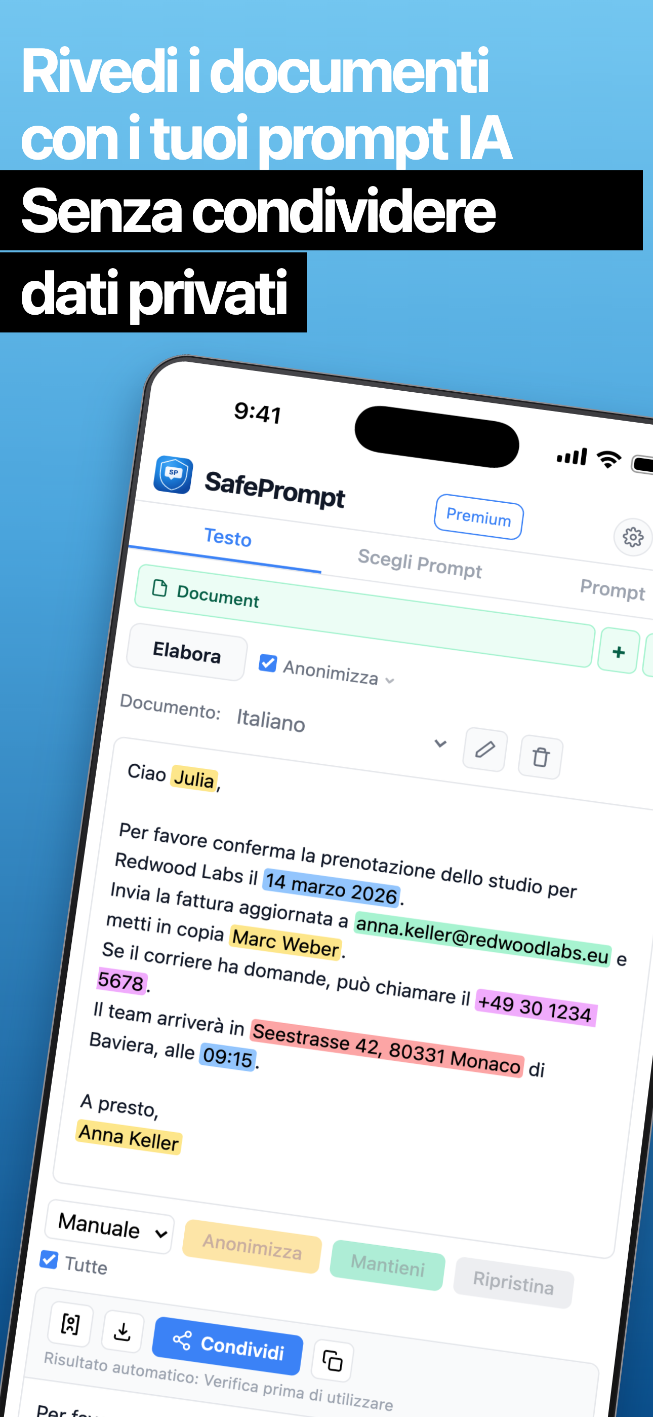 Interfaccia di SafePrompt Mobile